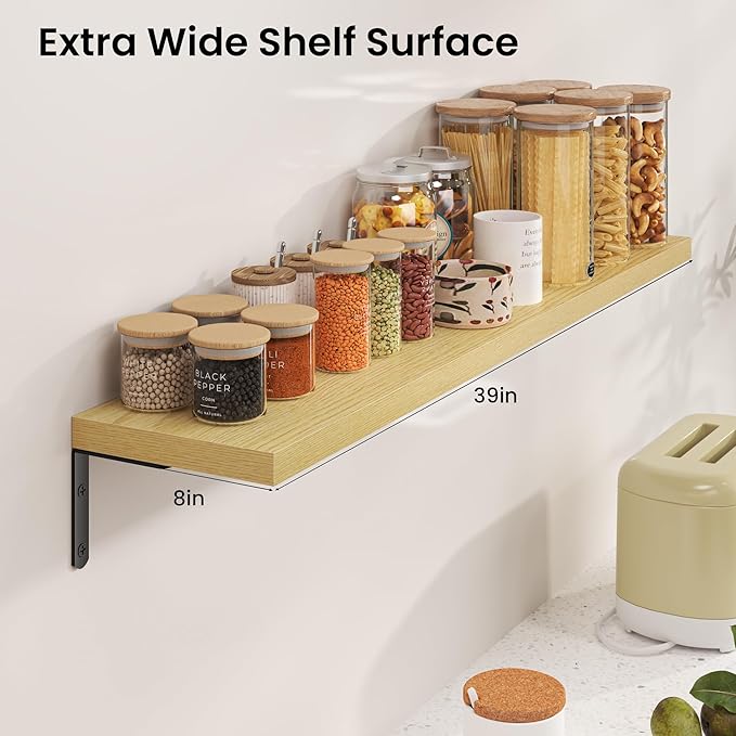 Marsmiles Extra Wide Floating Shelves for Wall, 40x8 Inch Natural Wood Grain Bookshelves, Heavy Duty Mounted Shelving for Bathroom, Kitchen, Living Room, Bedroom,Set of 2，Oak