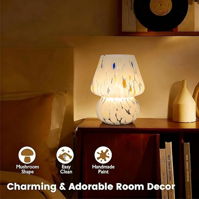 Cordless Mushroom Lamp-Modern Small Battery Operated Table Lamp with Timer for Home Decor,Aesthetic Glass Battery Powered Lamp for Bedroom/Kitchen/Living Room/Shelf Decor(White&Blue)