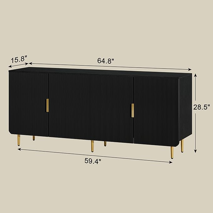 65" Fluted Sideboard Buffet Cabinet with Storage, Console Cabinet with 4 Doors & Adjustable Shelves, Modern Buffet Table for Kitchen Dining Living Room Hallway‌ Entryway, Black