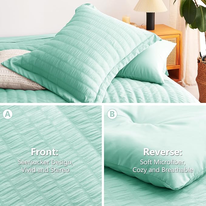 CozyLux Full Size Comforter Sets Mint Green, 7 Pieces Seersucker Textured Luxury Bed in a Bag, All Seasons Soft Bedding Sets with Down Alternative Comforter, Sheets, Pillowcases & Shams, Home Gift