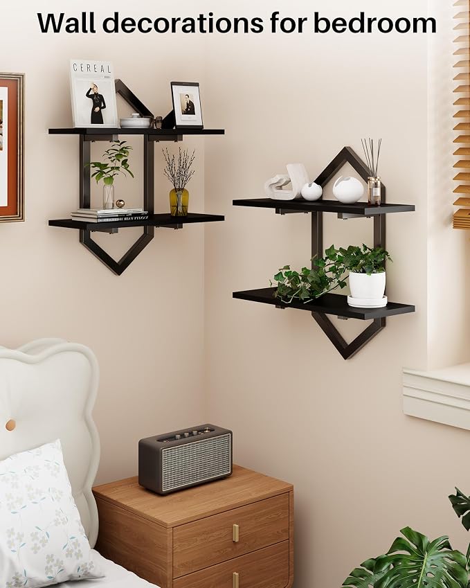 Floating Shelves, Set of 2 Wall Shelf, Wall Mounted Decorative Shelves, 2-Tier Modern Geometric Hanging Storage Shelf for Living Room, Bedroom, Kitchen, Office, Study (Black)