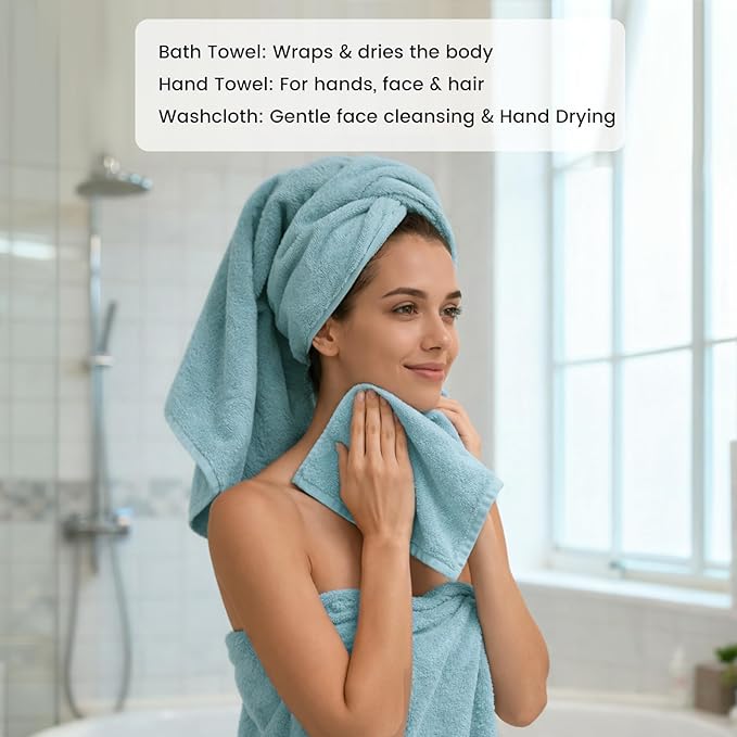 SEMAXE 12-Piece Family Bathroom Towel Set - 100% Cotton, 4 Bath Towels, 4 Hand Towels, 4 Washcloths, Ultra-Soft and Super Absorbent, Lighter Weight