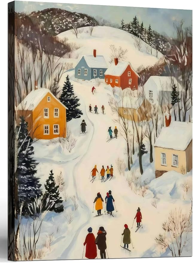 Framed Winter skiing Scene Canvas Wall Art Nordic Landscape Painting Print Poster Picture Gallery Wall Decoration Living Room Bedroom Dining room 16X24 Inch Ready to Hang
