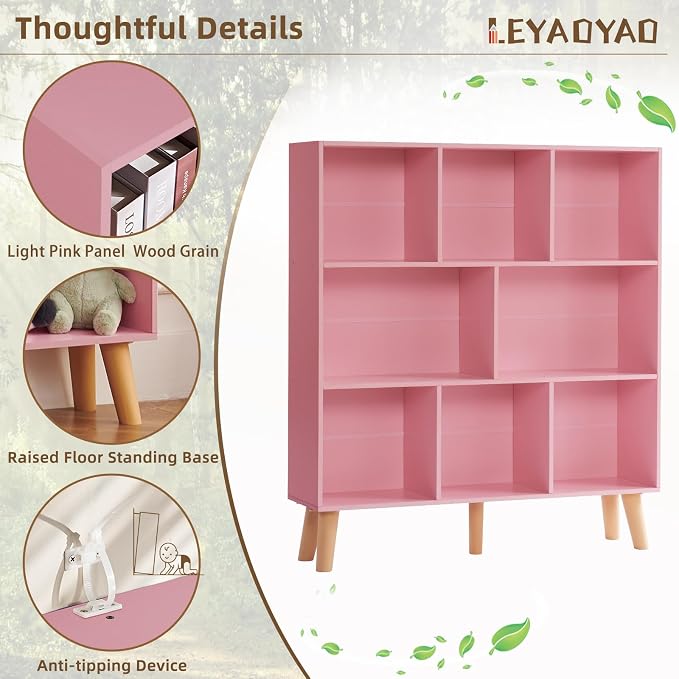 LEYAOYAO 8 Cube Bookshelf,3 Tier Bookcase with Legs,Light Pink Mid-Century Modern Bookshelves,Large Open Storage Organizer Shelf, Wooden Book Case