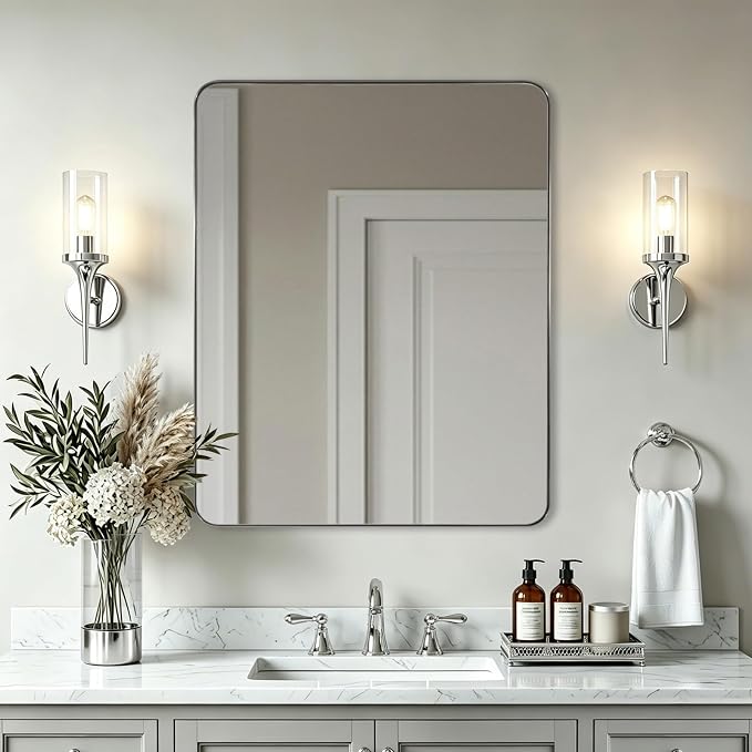 ANDY STAR Chrome Mirror for Bathroom, 22"x30"Metal Frame Wall Mirror, Rectangular Stainless Steel Rounded Corner Mirror with 1" Deep Set Design Hangs Horizontal Or Vertical