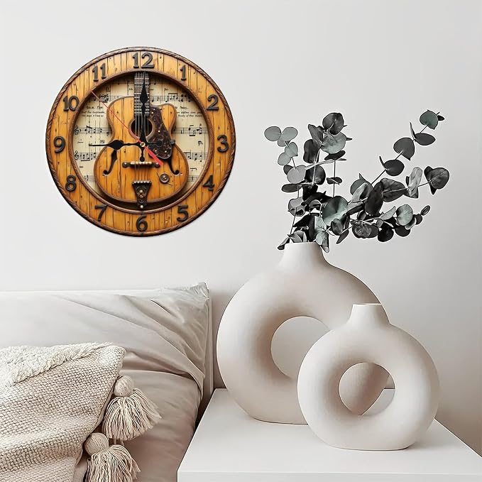 Tan Black Acoustic Guitar Round Wall Clock - 10 Inch Non-Ticking Timepiece for Study Play Room Kitchen Decor