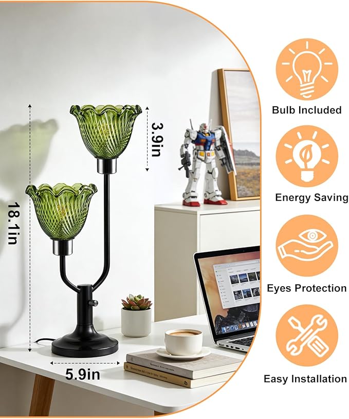 Lightdot Green Glass Flower Table Lamp for Bedroom Dimmable Mid Century Modern Vintage Desk Lamp Black Nightstand Lamp 2 Bulbs Included Warmwhite Ambient Bedside Lamp for Living Room Home Office Decor