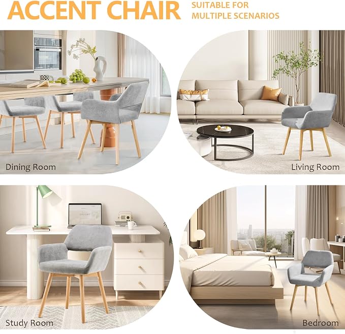 Mid Century Modern Dining Chairs Set of 2 & 4 & 6 Comfy Accent Chair Upholstered Kitchen Dining Living Room Chairs for Bedrooms Waiting Room Home Arm Desk Chair No Wheels (Gray, 2)