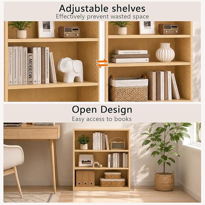 Wooden 3-Tier Bookshelf, Adjustable Open Storage Shelf Unit, 31.5" Tall Bookcase（Oak）