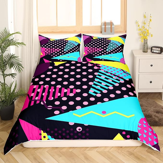 Memphis Duvet Cover Set Twin Size, Retro 80s or 90s Fashion Style Comforter Cover with 1 Pillowcase, Geometric Triangle Circle Bedding Set for Kids Boy Girls Lightweight Bedspread Cover,No Comforter
