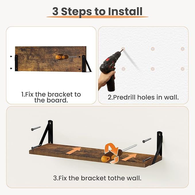 upsimples Floating Book Shelves for Wall, 23.6 Inches Floating Wood Shelves for Living Room, Laundry Room, Bedroom, Office Organizer and Storage, Brown