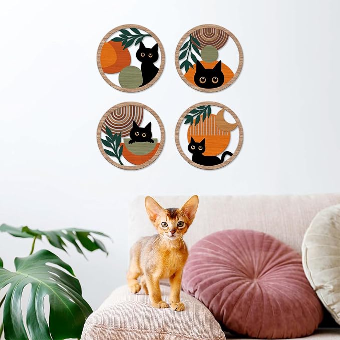 TOARTi 4PCS Minimalist Boho Black Cat Wall Art Geometric Wooden Cat Wall Decor Bohemian Black Cats Hanging Sign Abstract Boho Cats Wood Sign Farmhouse Aesthetic Geometric Artwork