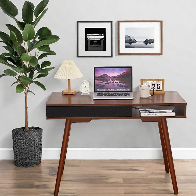 GarveeHome 42 in Mid Century Home Office Writing Desk, Modern Simple Computer Desk with Drawer and Open Storage Cubby, Small Vanity Table Desk for Bedroom, Walnut