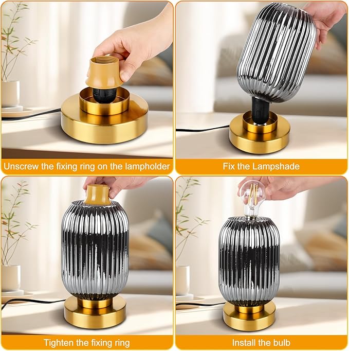 Mid Century Modern Table Lamp with Smoke Grey Ribbed Glass Shade, Touch Control & 3 Way Dimmable, Small Gold, Vintage Bedside Lamp for Bedroom, Living Room, Office (Bulb Included)