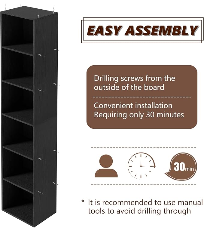 6-Tier Wooden Cube Storage Organizer, 62 Inch Tall Bookcase & Display Shelf with 6 Open Cubes, Freestanding DIY Closet Shelving Unit for Living Room Bedroom Office (Black, 6 Cube-W(11.8inch)