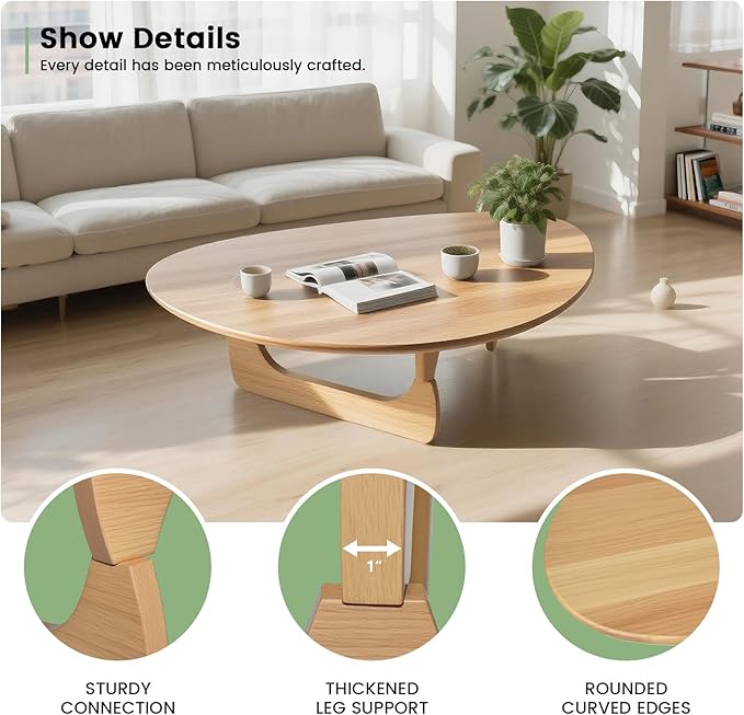 Solid Wooden Modern Triangle Coffee Table: Unique Funky Coffee Tables for Living Room, Oval Mid-Century Irregular Abstract Tea Tables for Patio Office Balcony Bedroom (Natural, 43" L x 31" W x 16" H)