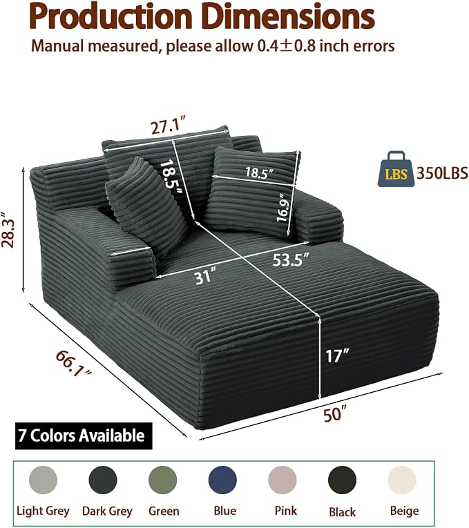 50" Oversized Chaise Lounge Chair Indoor, Corduroy Sleeper Sofa Bed with 3 Pillows & Armrests, Spring Cushion Lazy Chair for Living Room Apartment, Black
