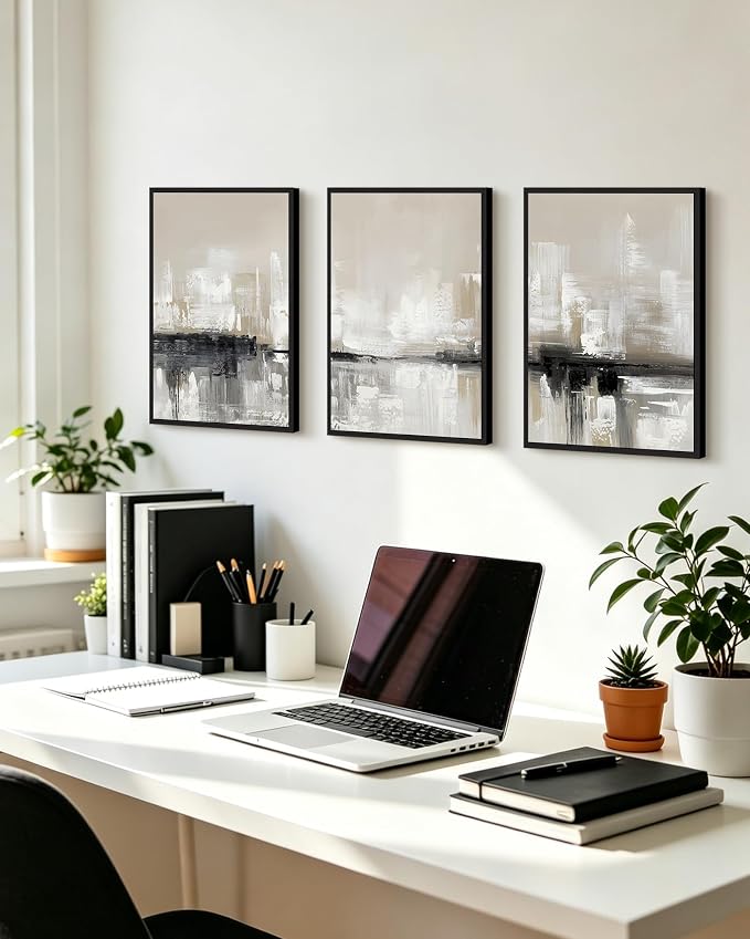 KUVIOKE Abstract Gray Framed Wall Art Neutral Brown Artwork Painting Morden Minimalist Wall Decor Rustic Home Decor 12x16in (Black Framed)
