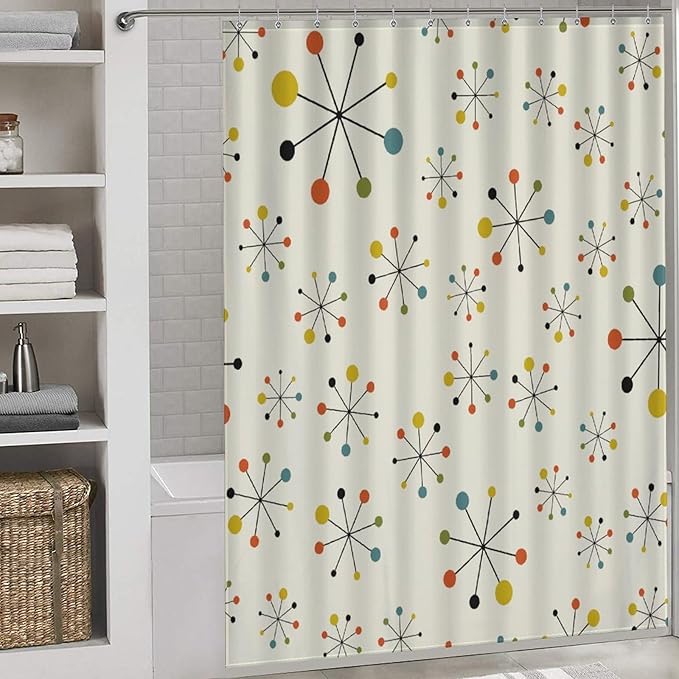 Mid Century Modern Shower Curtain for Bathroom, Abstract Geometric Atomic Iconic Retro 1950s 1960s Pastel Vintage Rustic Waterproof Fabric Shower Curtain Set with Hooks, 72"x78"