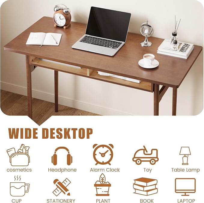 Solid Wooden Desk with Open Storage Cubby - 47.2” Mid Century Modern Desk, Writing Desks for Small Spaces, Rubber Wood Study Table, Home Office Computer Desks for Bedroom & Home, Walnut Color
