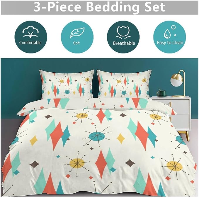 Mid Century Modern Bedding Set,1950s 1960s Vintage Abstract Atomic Stars Geometric Diamond Pastel Pattern Comforter Set with Pillowcase for Bedroom Bed Decor,Full 79"x90"