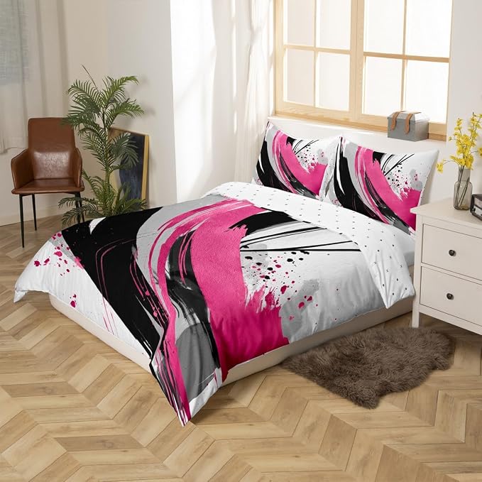 Erosebridal Black and Purple Pink Duvet Cover Twin - Modern Geometric Decorative Bedding Sets Striped Bed Set for Boys Girls Minimalists Watercolor Graffiti Lines Bed Cover