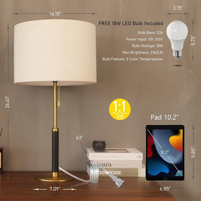 26.4" Pull Chain Table Lamp Modern Mid Century Bedside Lamps for Living Room End Tables 3-Color Light for Bedroom, Solid Wood/Metal/Fabric Lamp for Home/Office/Desk Decor (Light Brown+Brass)