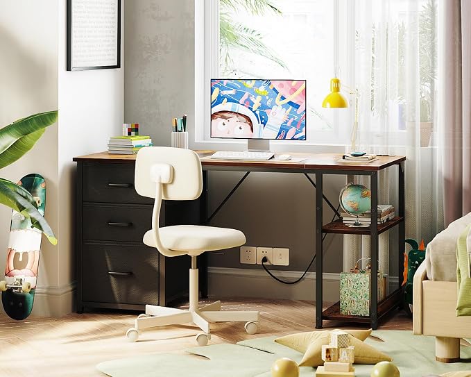 AODK 51 Inch Computer Desk with Drawers & USB Power Outlets, Reversible Home Office Desk with Storage Shelves, Work from Home, Modern Work/Writing/Study Table for Bedroom, Vintage