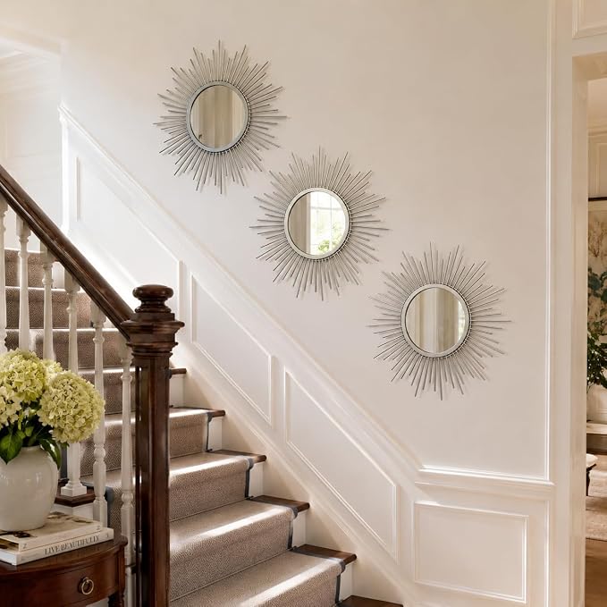Silver Sunburst Mirror Set of 3, 3PCS Metal Round Decorative Wall Mirrors, Starburst Accent Mirror Wall Decor for Bathroom, Living Room, Bedroom & Entryway