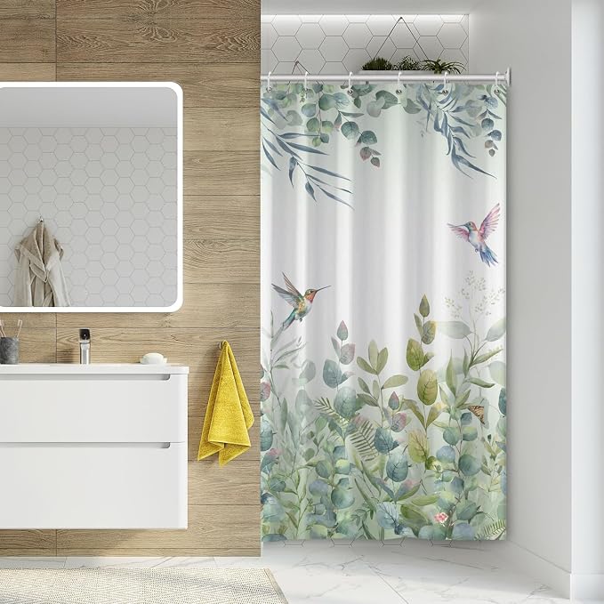 Green Leaf Shower Curtain Colourful Bird Eucalyptus Bathroom Curtain Plant Leaves Botanical Hummingbird Spring Summer Shower Curtain Sets for Bathroom Extra Long 54x72 in with 10 Hooks