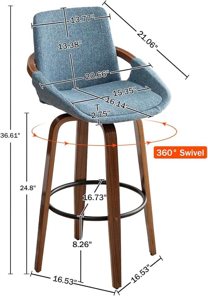 LUNLING 25.6" Counter Height Barstools Set of 3 Mid Century Modern Retro Bar Chairs Charcoal Blue Linen Look Fabric Upholstered and Walnut Wood Frame for Home Bar Furniture(Blue)