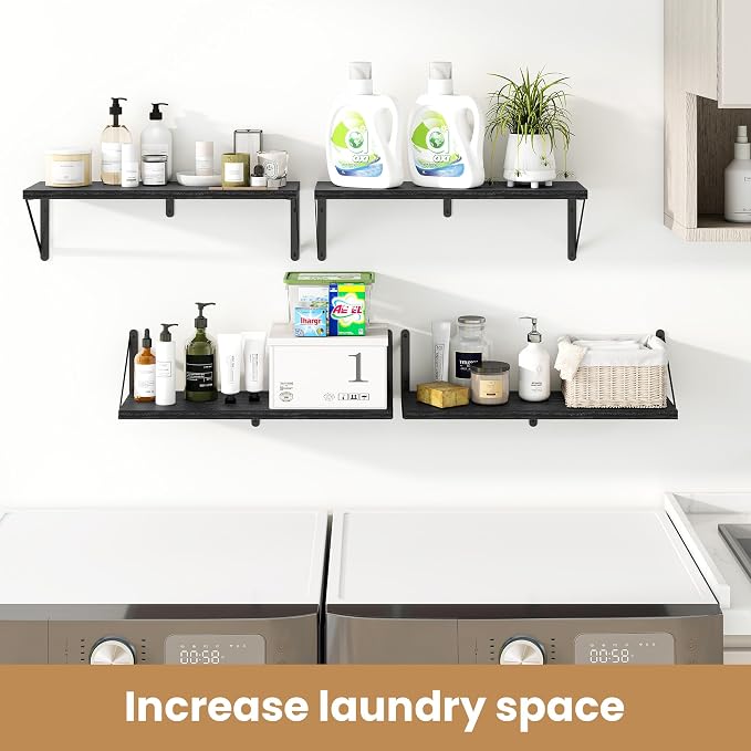 Heimlove Floating Book Shelves for Wall,23.6 Inches Wall Bookshelf Mounted Display&Storage Wood Shelves for Kitchen Bathroom Laundry Living Room,Set of 3,Black