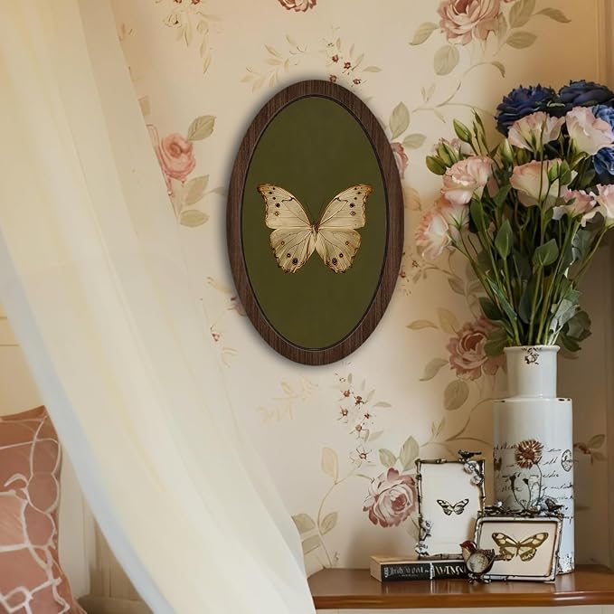 UYIKG Vintage White Butterfly Oval Wall Art Decor,Vintage Antique Moth Rustic Farmhouse Oval Wooden Framed Decor for Home Bedroom Living Room Reading Room 9x14.6 in