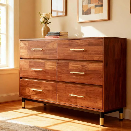 Walnut Dresser for Bedroom, 6 Drawer Brown Wood Dresser with Modern Storage Organizer, Wide Chest of Drawers for Closet, Clothes, Living Room