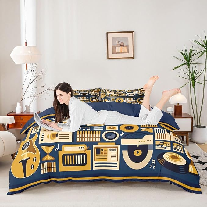 Erosebridal Retro Music Comforter Cover Full for Boys Men - Vinyl Record Rock Roll Bedding Set Musical Notes Instrument Duvet Cover,Modern Vintage Music Art Bed Set