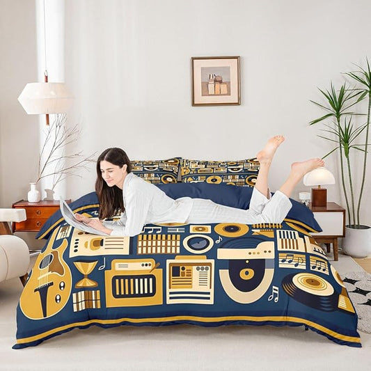 Erosebridal Retro Music Comforter Cover King for Boys Men - Vinyl Record Rock Roll Bedding Set Musical Notes Instrument Duvet Cover,Modern Vintage Music Art Bed Set