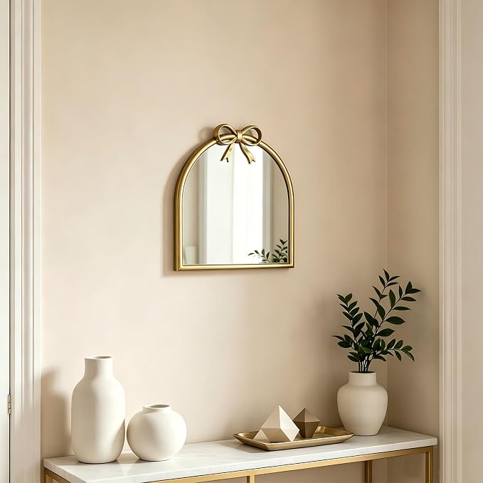 9.8-inch x 9.8-inch Arched Plastic wall Mirror with Bow at top, Modern Decorative Mirror, Small Arched wall Mirror Suitable for entryways and hallways (Gold, 9.8x9.8 inch)