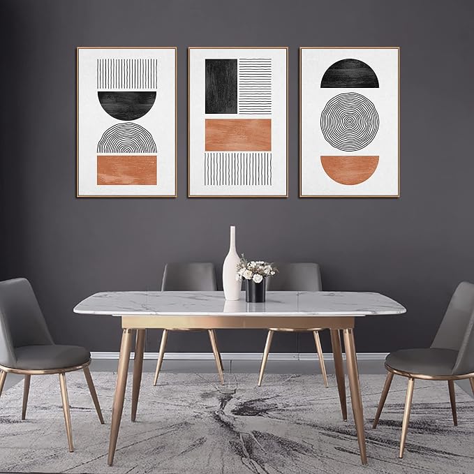 Framed Wall Art Canvas Set Mid Century Boho Pictures Modern Geometric Wall Decor Minimalist Black Brown Bohemian Abstract Painting Artwork for Living Room Bedroom Office 24"x36"x3 Natural