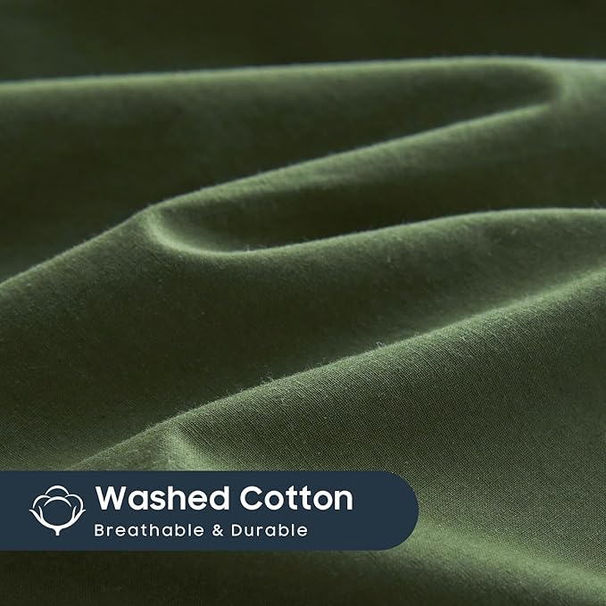 Wake In Cloud - Cotton Duvet Cover Set, 100% Washed Cotton, Linen Like Textured, Breathable Durable Comfy Farmhouse Neutral Bedding Set, 3 Pieces, Olive Green, Queen Size