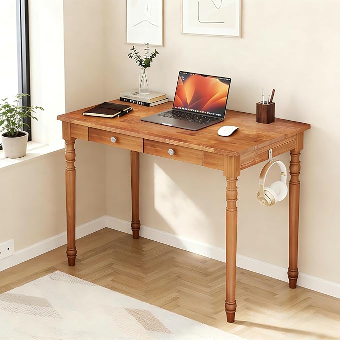 Mid Century Modern Desk, 39" Vintage Solid Wood Desk with 2 Drawers, Boho Writing Desk Computer Table for Home, Office, Bedroom, Living Room