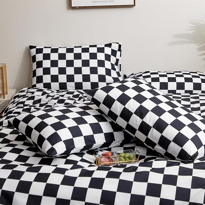 Pureant Black White Plaid Comforter Set King Size Black Checkerboard Grid Bedding Comforter Women Men Grid Quilts Soft Modern Black Buffalo Grid Comforter Boho Checkered Geomertic Bed