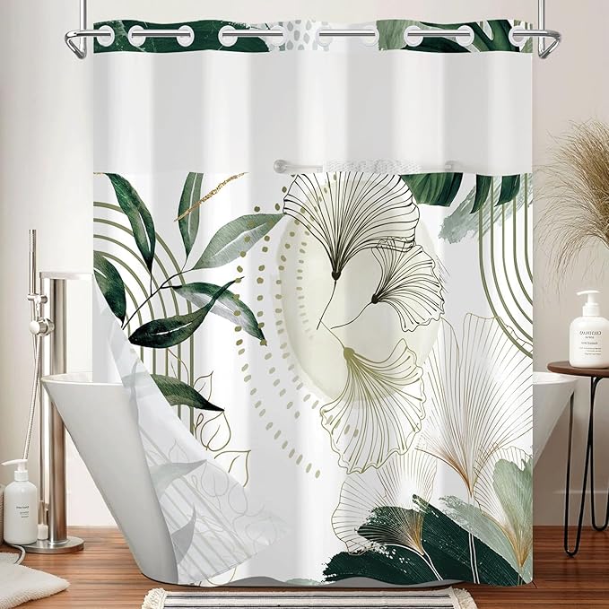 No Hook Shower Curtain with Snap in Liner Set, Abstract Green Botanical Leaf Print Shower Curtains for Modern Boho Bathroom, Mesh Top Waterproof Double Layer Bath Curtain, 71x74 Inch
