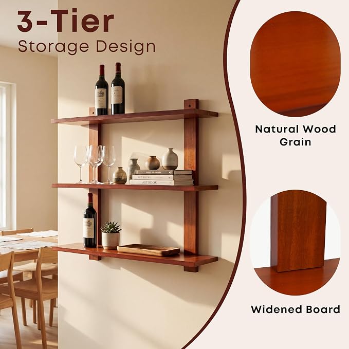 PHOENANCEE 3 Tier Floating Shelves,Long Wall Shelf,Over The Toilet Shelves Bathroom Hanging Display Storage Rustic for Living Room Bedroom Kitchen Office Coffee Bar Decor Decorative,24 Inch