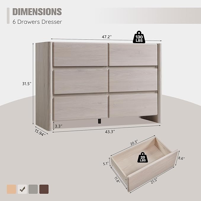 Modern 6 Drawers Dresser for Bedroom, 47" Wide Dresser w/Large Storage & Rounded Corner, Wood Handleless Chests of Drawers w/Natural Texture for Bedroom, Hallway, Living Room-Cream
