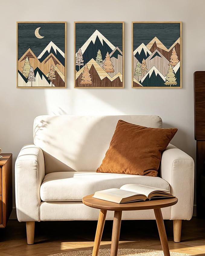 KUVIOKE Morden Mountains Framed Wall Art Boho Pine Tree Forest Nature Landscape Artwork Bohemain Farmhouse Rustic Bedroom Decor 12x16in (Natural Framed)