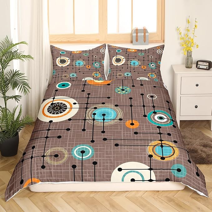 Erosebridal Geometric Grid Bedding Sets Twin Brown Minimalism Comforter Cover, Mid Century Bed Set Retro Atomic Duvet Cover, Rainbow Circles Black Lines Quilt Cover Abstract Room Decor