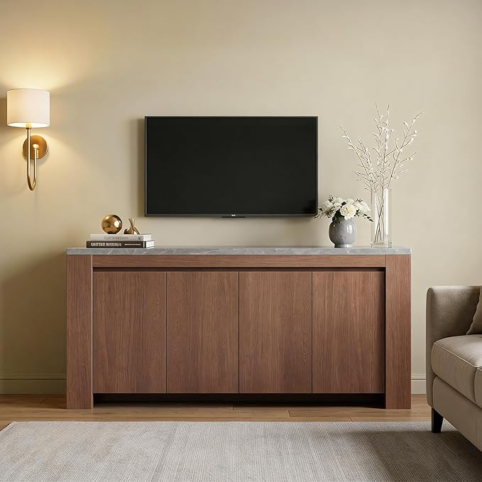 Buffet Cabinet with Storage, 63" Sideboard Buffet Accent Cabinet with Faux Marble Top & 4 Doors, Modern Buffet Table Credenza Cabinets for Living Room, Dining Room, Kitchen（Walnut）