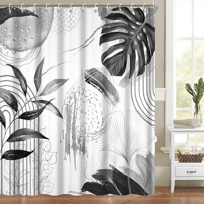 Mid Century Boho Shower Curtain Gray Tropical Palm Leaf Abstract Geometric Minimalist Aesthetic Bathroom Decor Watercolor Plant Bath Curtain Washable Waterproof Polyester Fabric with Hooks 69x70 Inch