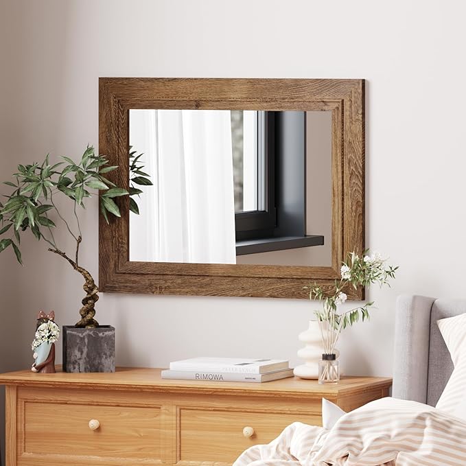 Rustic Wall-Mounted Vanity Mirror, Solid Wood Frame Bathroom Mirror, Farmhouse Style for Living Room, Bedroom, Entryway, Horizontal/Vertical Hanging