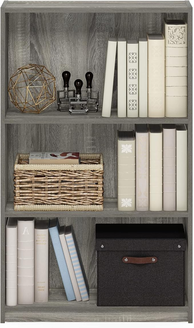 Furinno JAYA Book Shelf, 3-Tier Bookshelf, Bookcase with Adjustable Shelves, 9.5 x 24.5 x 40.3, for Organization and Storage, for Living Room, Bedroom, Home Office, French Oak